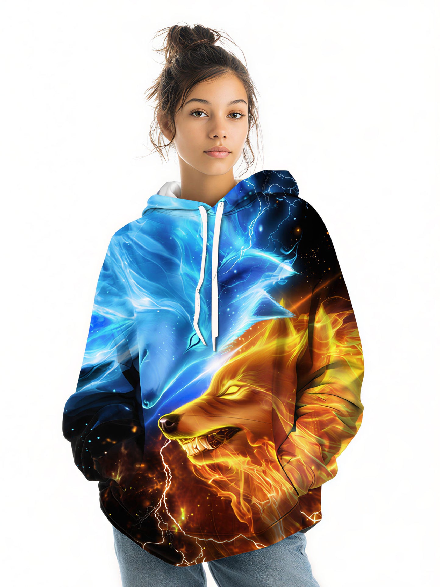 Unisex 3D All Over Print Hoodie Fire Ice Wolf Design Aesthetic Streetwear Soft Comfortable Cotton Blend