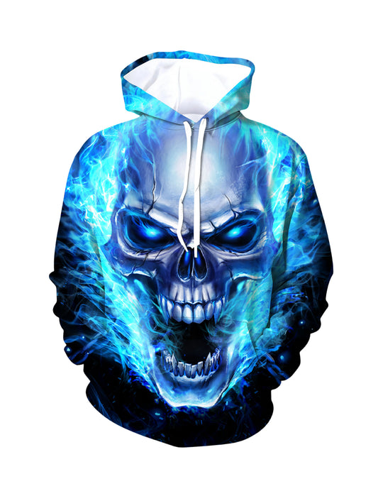 3D All Over Print Blue Fire Skull Hoodie for Men Women Streetwear Graphic Pullover