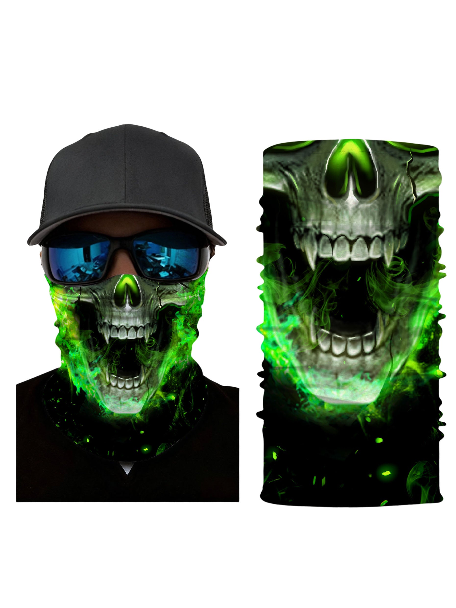 Glowing Green Flame Skull Neck Gaiter - Unisex Soft Stretchy Tube Mask for Daily & Outdoor Wear