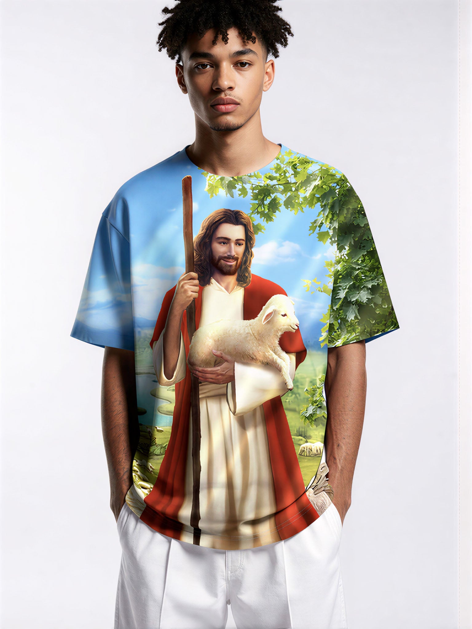 Jesus Shepherd 3D All Over Print T-Shirt for Men Women, Faithful Lamb Graphic Religious Streetwear
