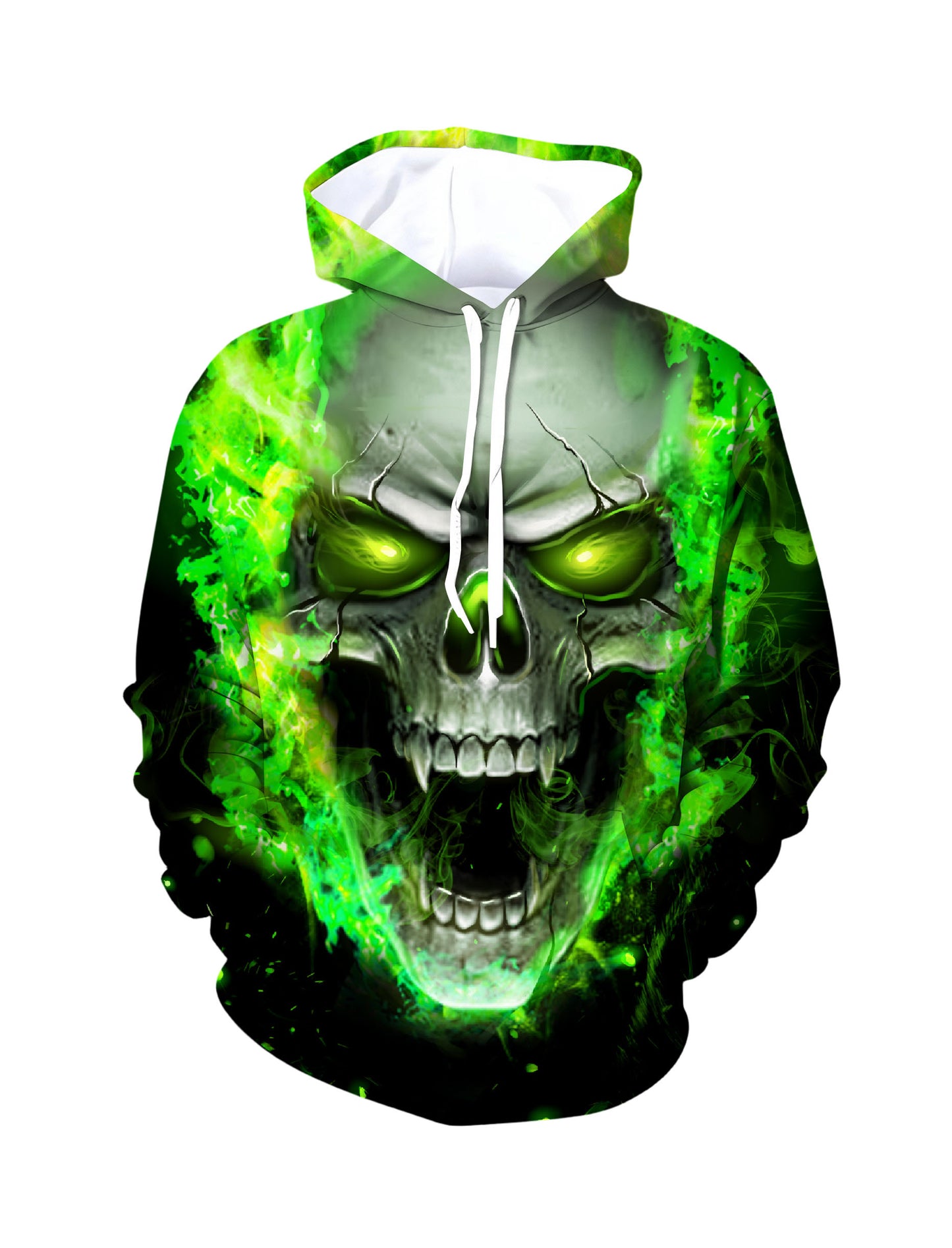 Men Women 3D All Over Print Skull Green Flame Hoodie Pullover Sweatshirt
