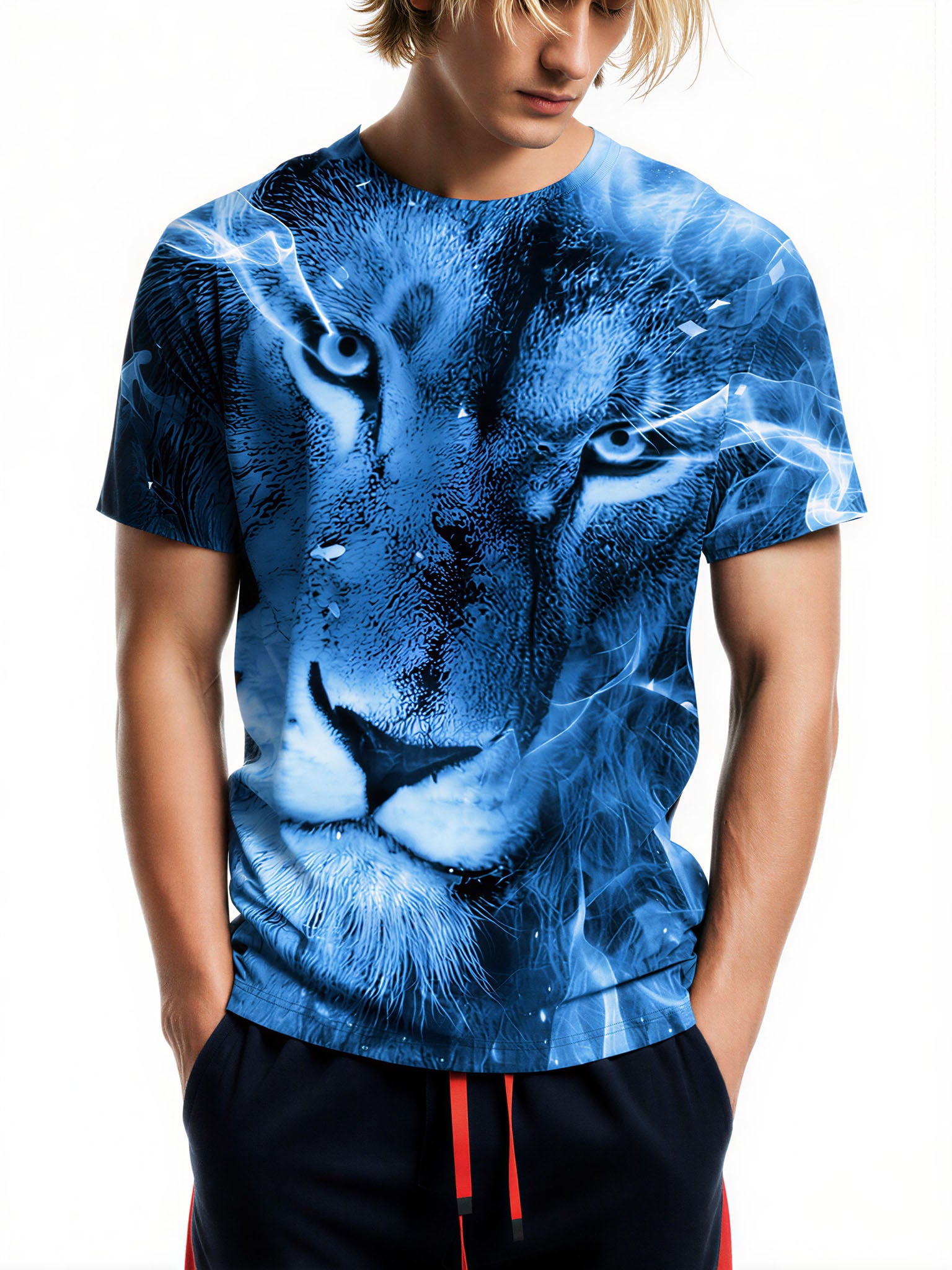 3D All Over Print Lion T-Shirt for Men Women Blue Flame Art Style