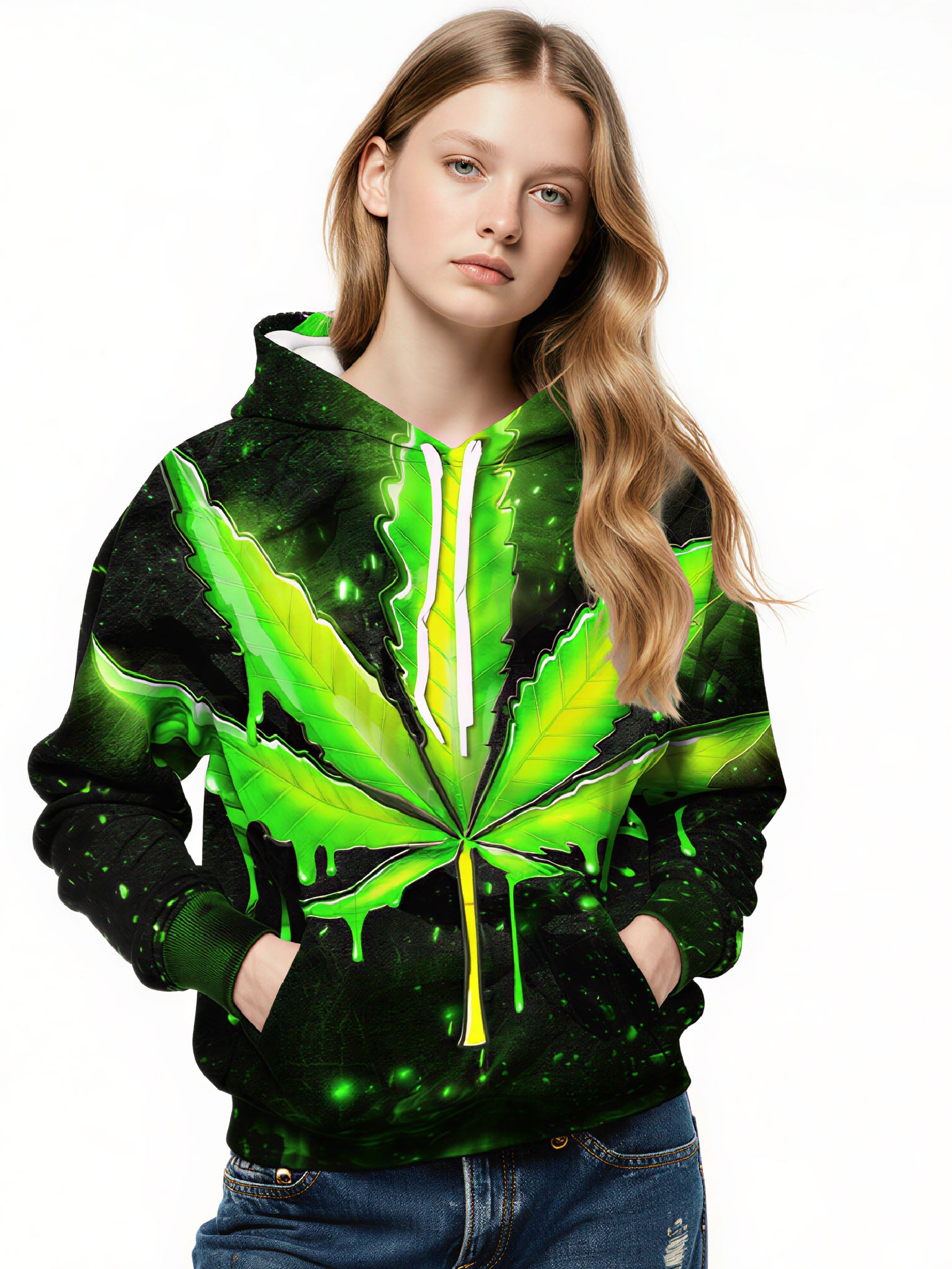 Neon Cannabis Leaf 3D All Over Print Hoodie Unisex Streetwear Cotton Blend