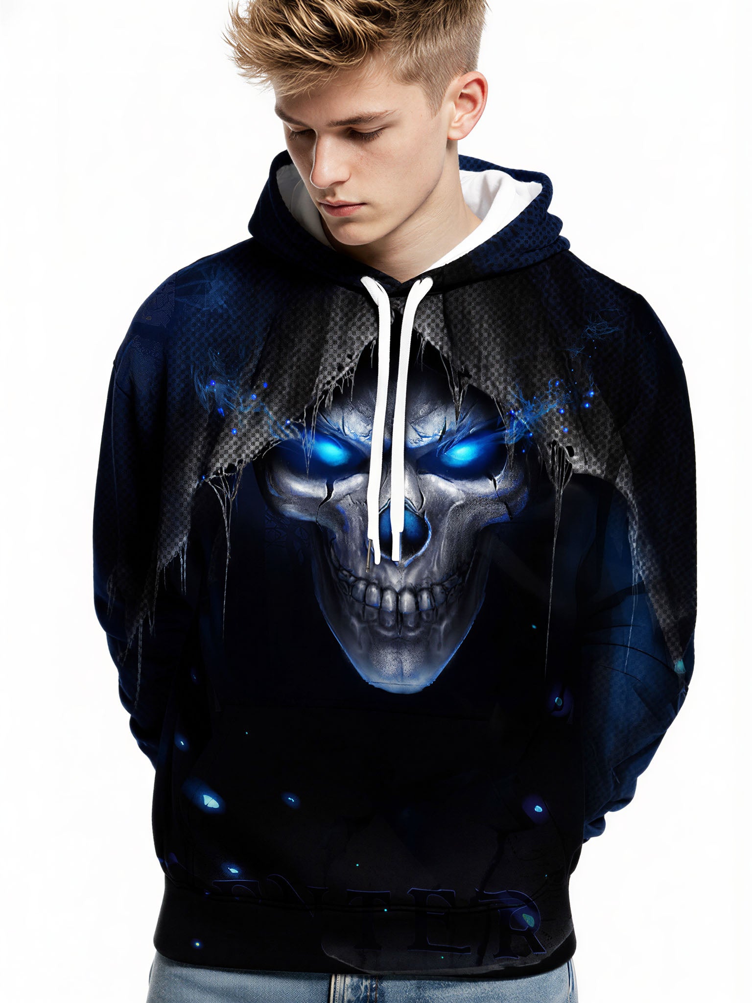 Men Women 3D All Over Print Skull Hoodie with Glowing Blue Eyes and Dark Hood Design