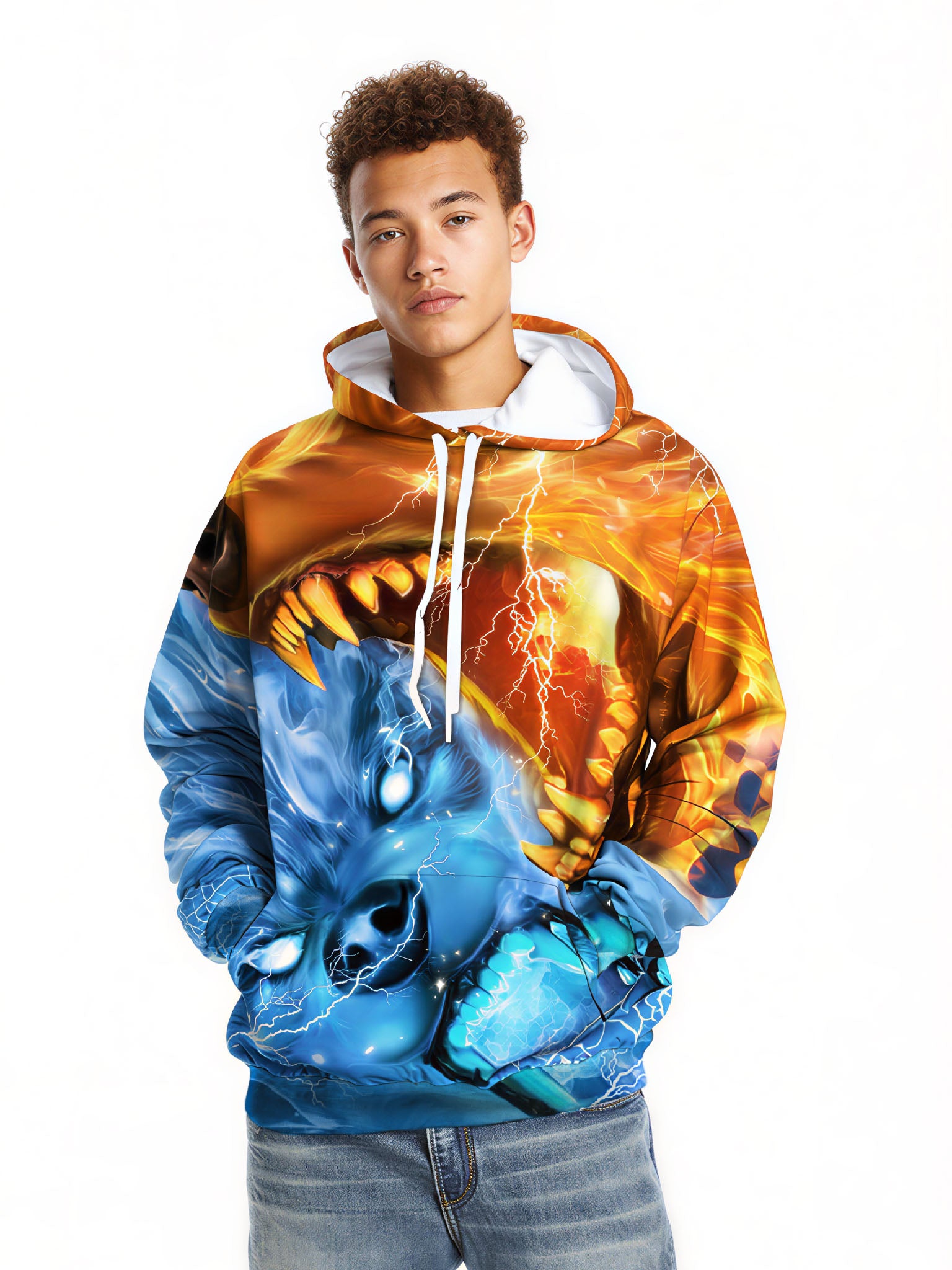 Unisex 3D All Over Print Hoodie Fire Ice Wolf Lightning Streetwear Pullover