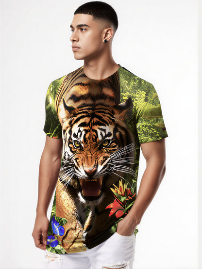 Tiger Jungle T-Shirt 3D All Over Print for Men Women, Wild Animal Graphic Sweatshirt with Butterfly Tropical Leaves