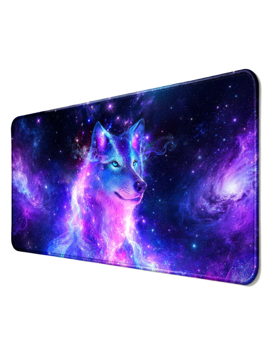 Side Profile Cosmic Wolf With Dual Galaxies & Nebula Desk Mat