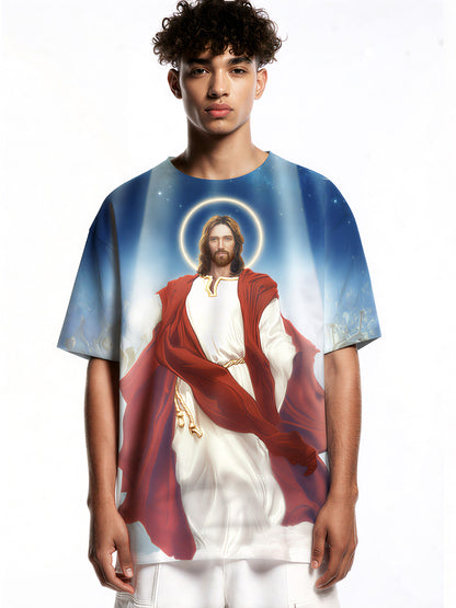 Jesus Christ 3D All Over Print T-Shirt for Men Women, Religious Halo Design Unisex Streetwear