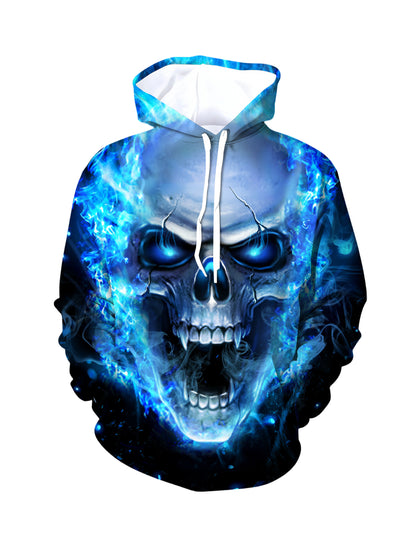 3D All Over Print Blue Fire Skull Hoodie for Men Women Streetwear Graphic Pullover
