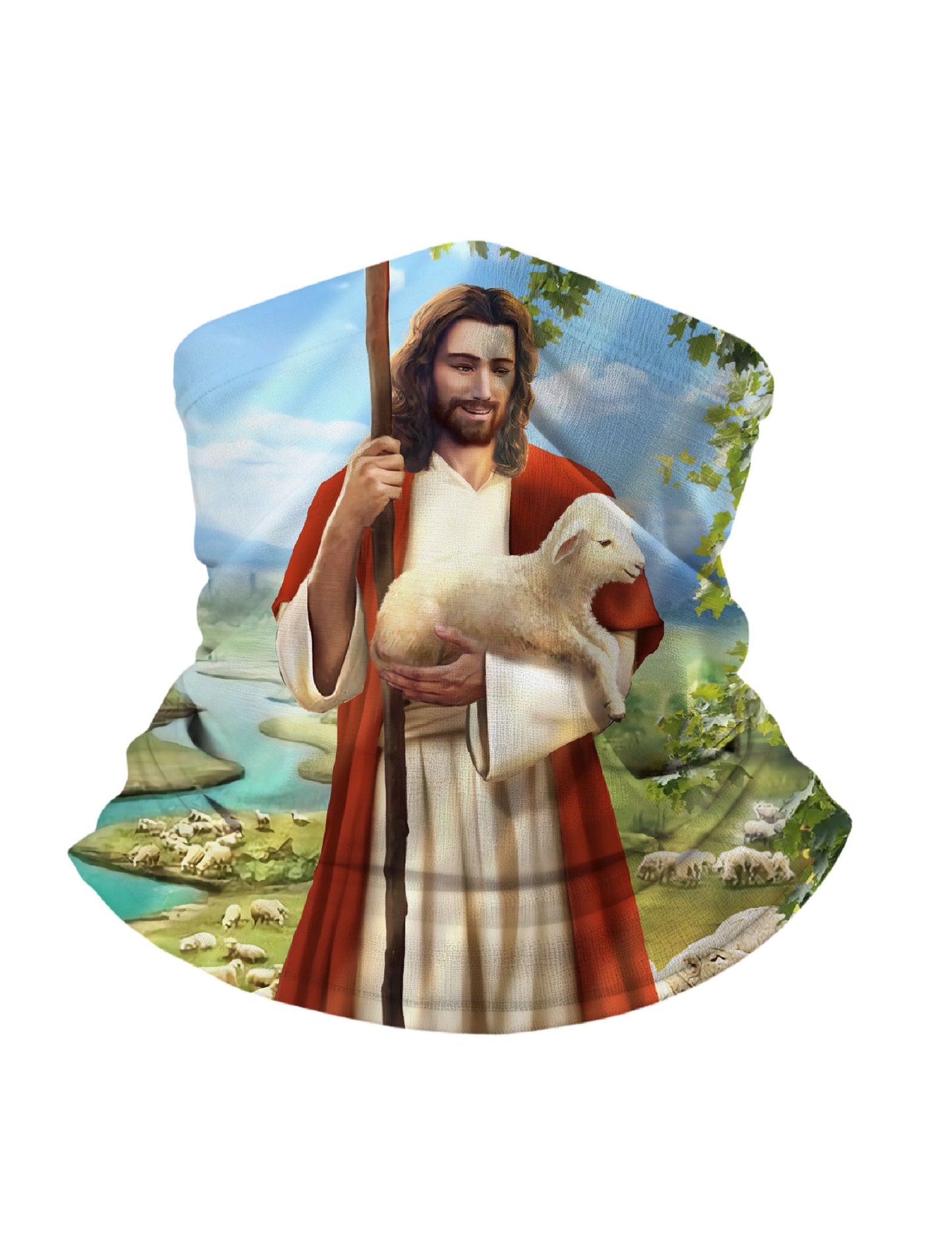 Tube Face Mask with 3D all over print featuring Jesus holding lamb in pastoral landscape, Aesthetic style, unisex breathable fabric for outdoor wear
