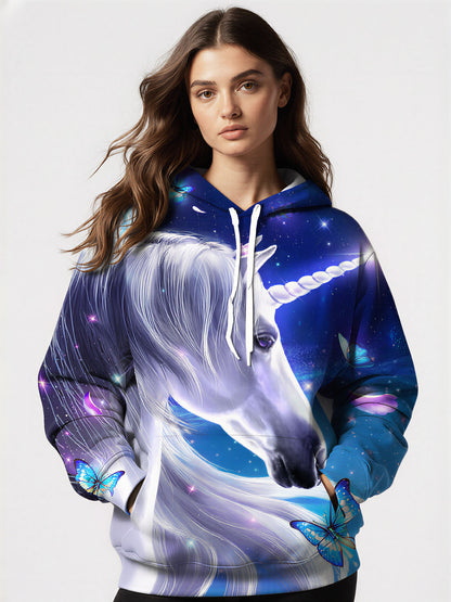 Unicorn 3D All Over Print Hoodie for Men Women, Galaxy Butterflies Fantasy Hooded Sweatshirt