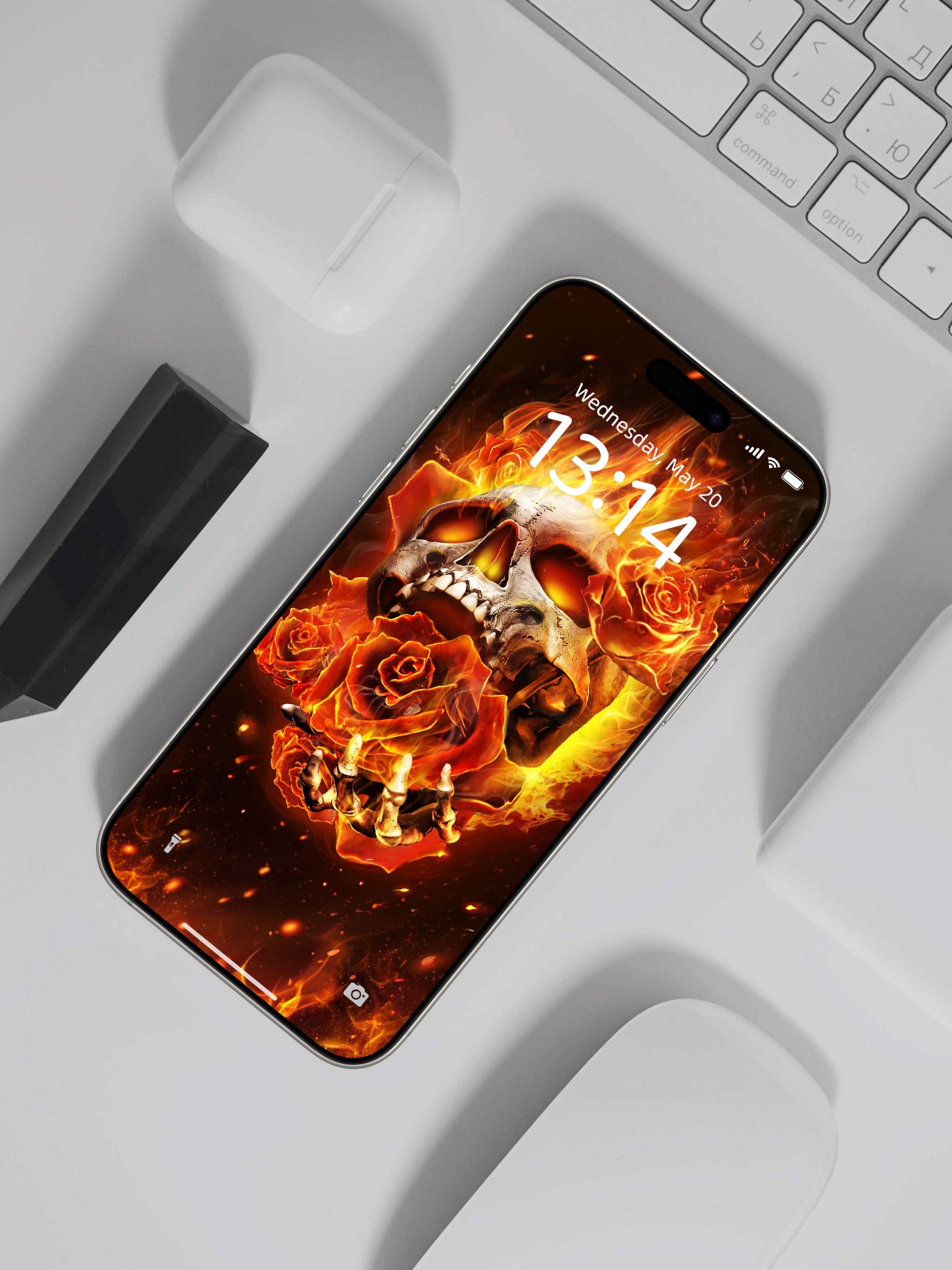 Fiery Roses Skull Phone Wallpaper