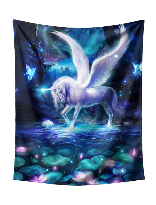 Mystical Forest Pegasus with Glowing Waterfall Tapestry