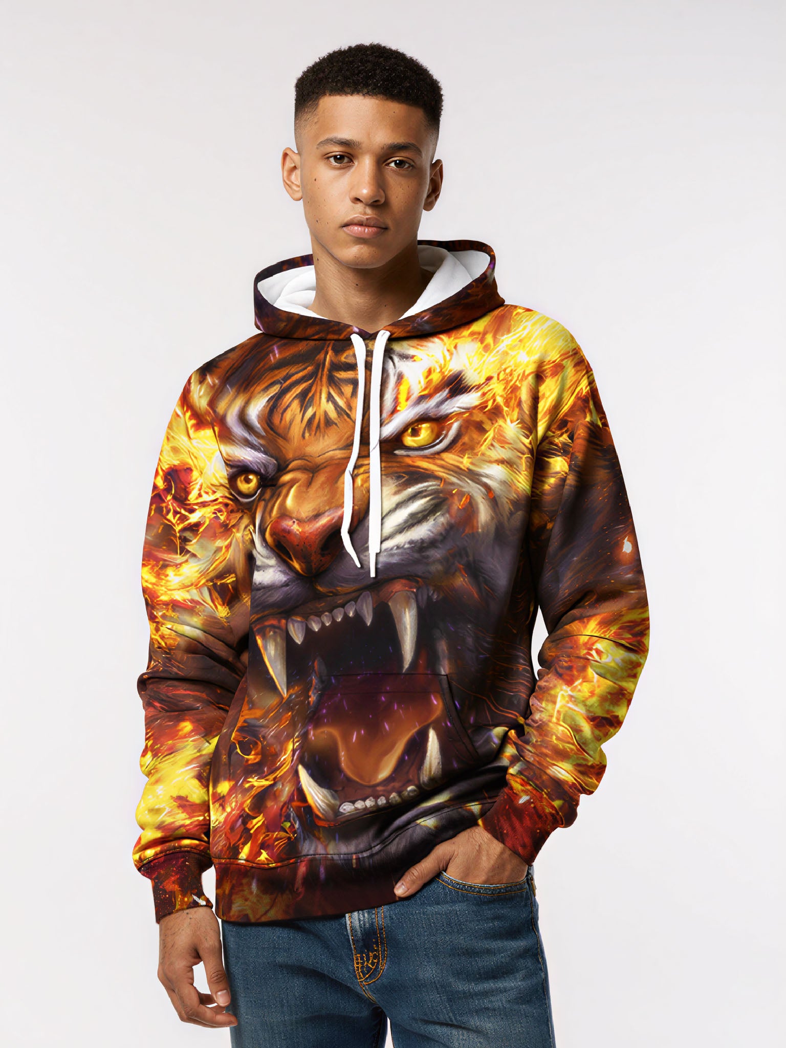 Fierce Fire Tiger 3D All Over Print Hoodie Unisex Streetwear Cotton Blend