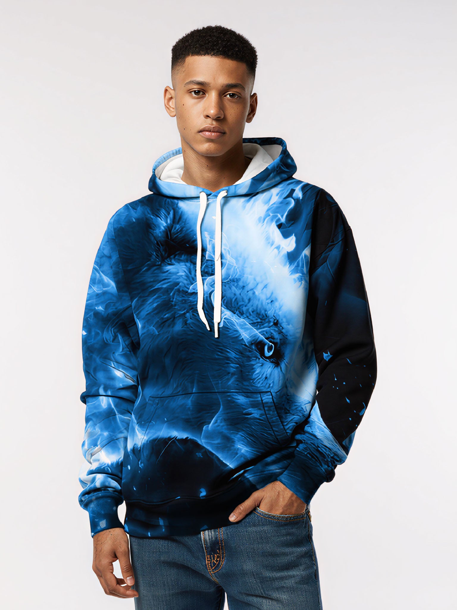 Unisex 3D All Over Print Hoodie with Blue Flame Wolf Design Aesthetic Streetwear
