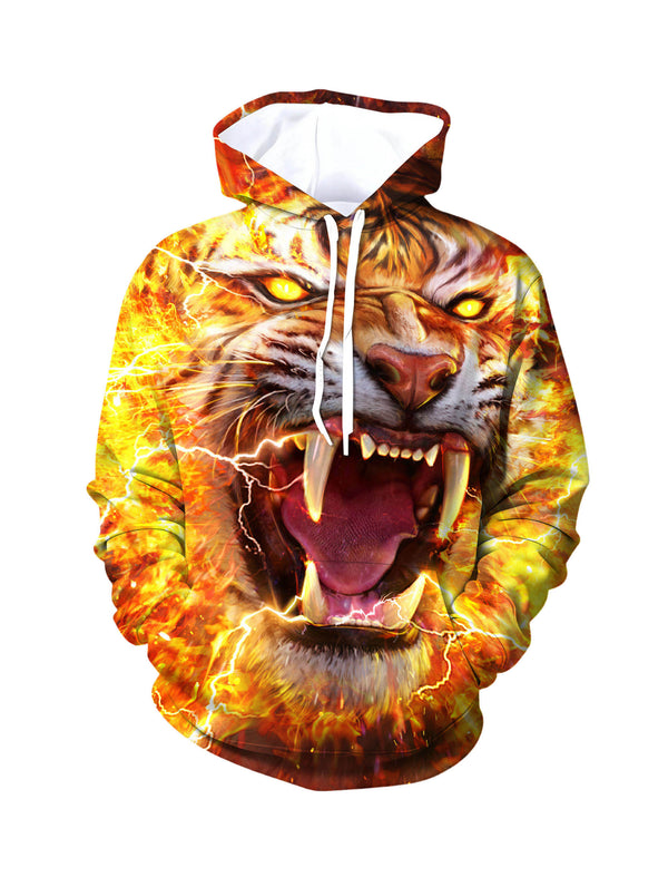 Edgy Fire Tiger Graphic Hoodie 3D Flame Print Unisex Oversized Streetwear Pullover