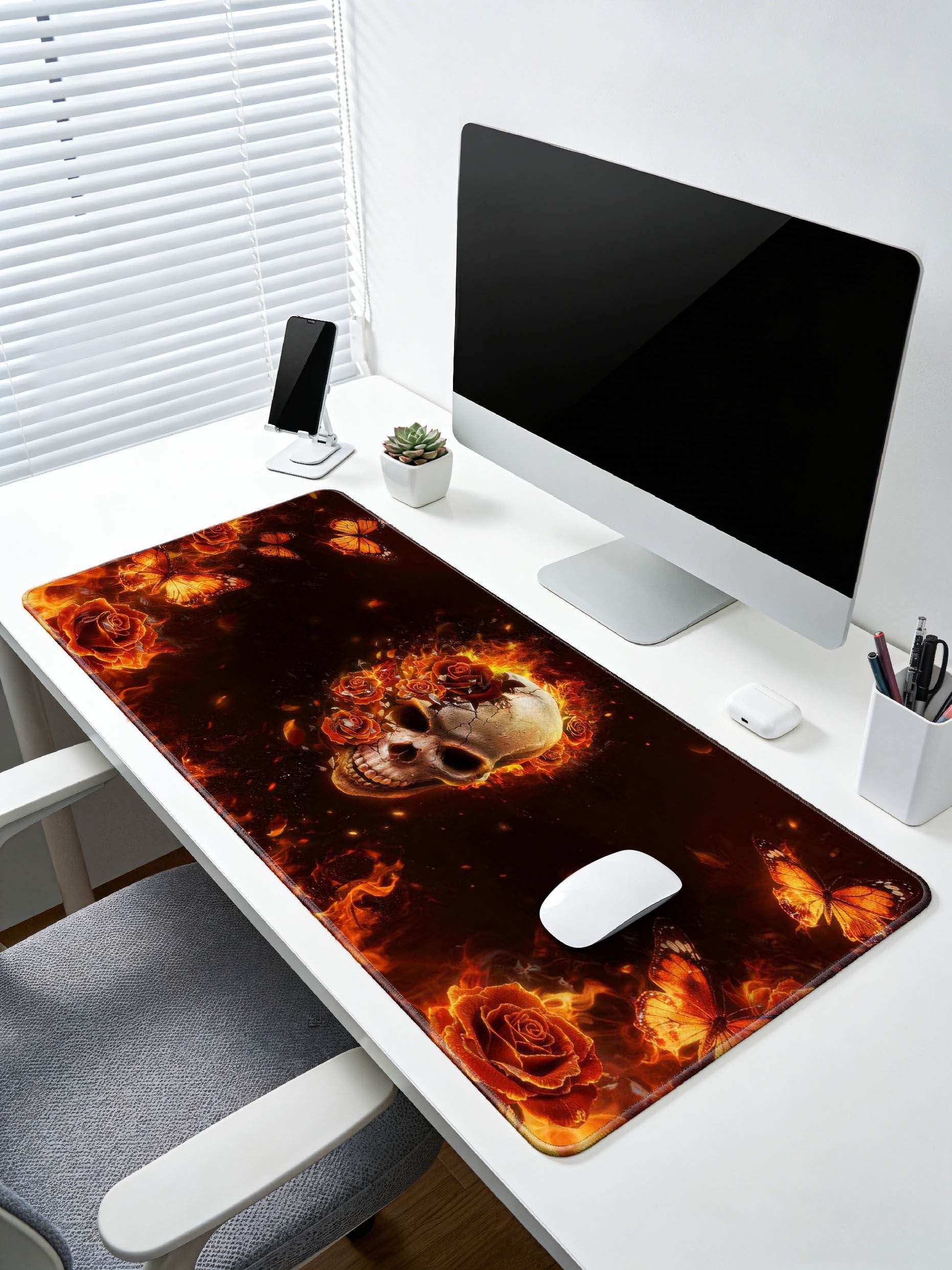 Skull With Flaming Roses And Butterflies Extended Desk Mat
