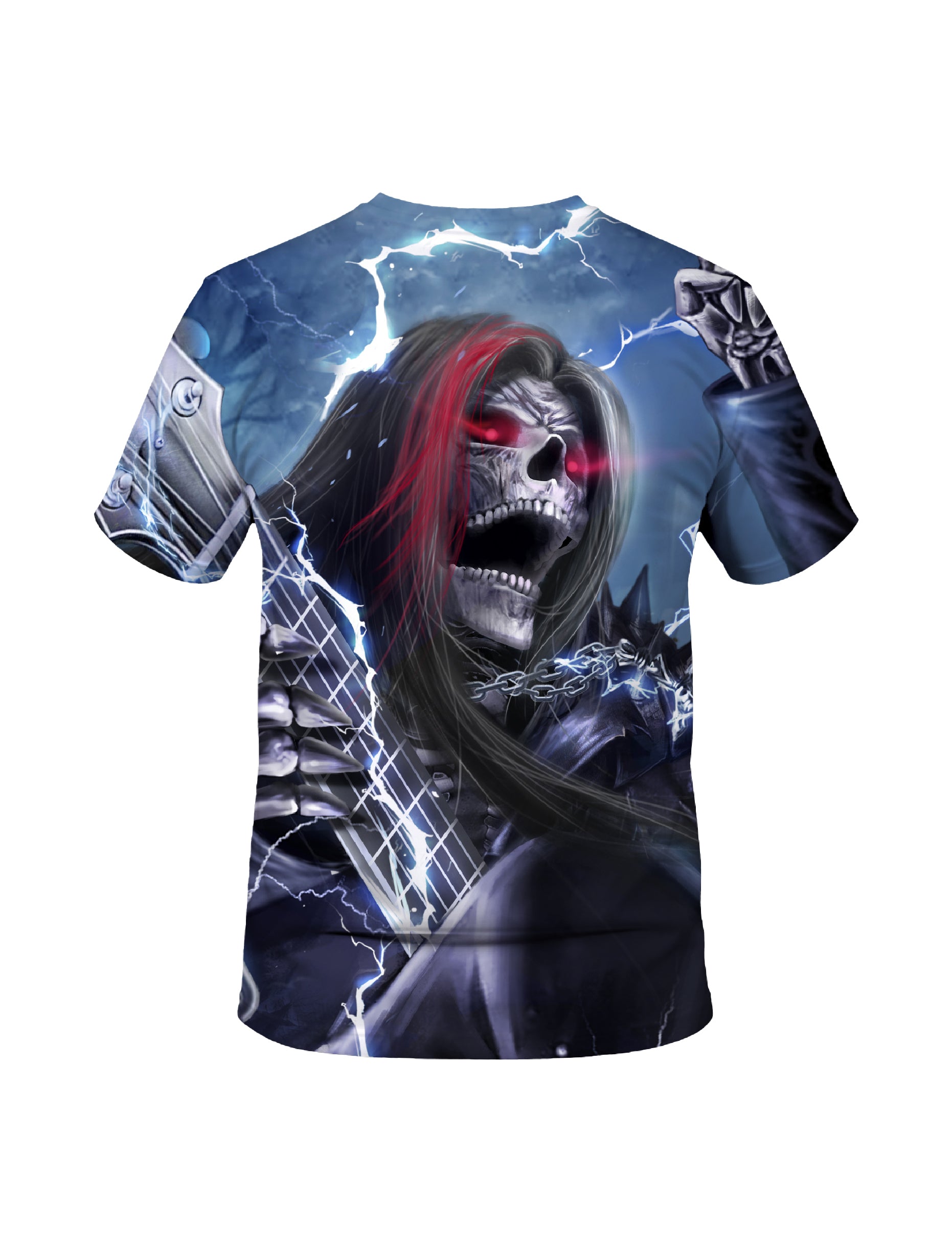 Men Women 3D Guitar Skull All Over Print T-Shirt with Lightning Rock Design