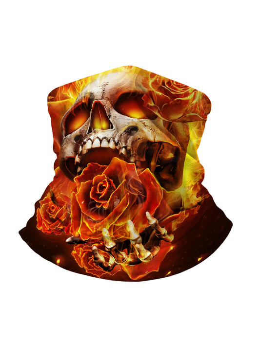 Tube Face Mask with 3D all over print graffiti skull and burning roses, Streetwear style unisex neck gaiter, soft stretchy breathable fabric for outdoor use