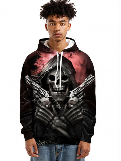 3D All Over Print Skull Double Guns Gothic Hoodie for Men Women Streetwear Edgy Dark Aesthetic