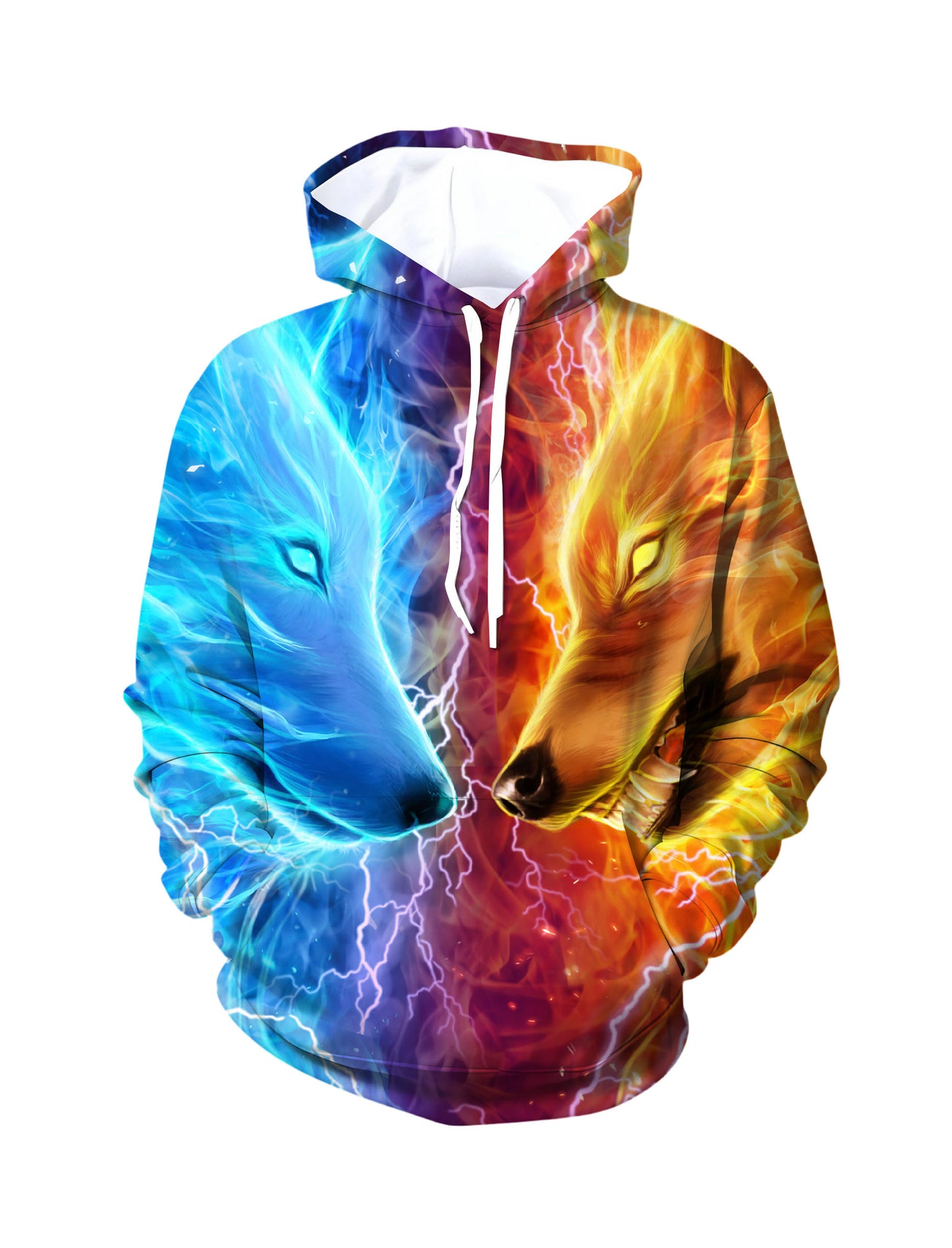 Unisex 3D All Over Print Hoodie Fire and Ice Wolf Design Soft Cotton Blend Streetwear