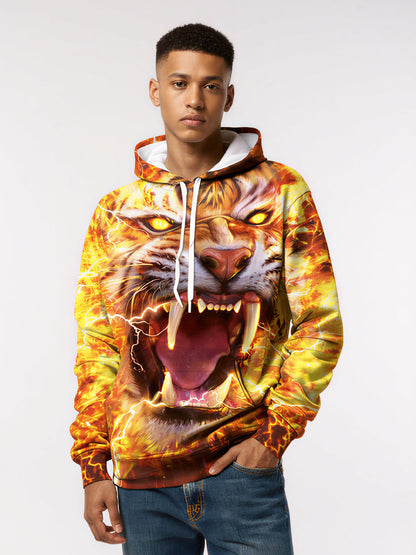 Edgy Fire Tiger Graphic Hoodie 3D Flame Print Unisex Oversized Streetwear Pullover