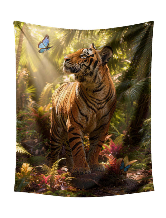 Tiger Watching Blue Butterfly In Sunlit Dappled Jungle Tapestry - Serene Wildlife Wall Art for Calm Bedroom Living Room Home Decor