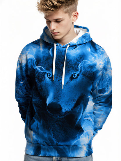 3D All Over Print Wolf Hoodie for Men Women Blue Flame Art Style Pullover Sweatshirt
