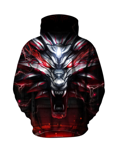 Men Women 3D All Over Print Dragon Hoodie with Red Lightning Cyberpunk Design
