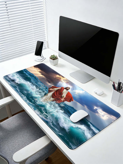 Jesus Walking On Water Amidst Stormy Seas Desk Mat