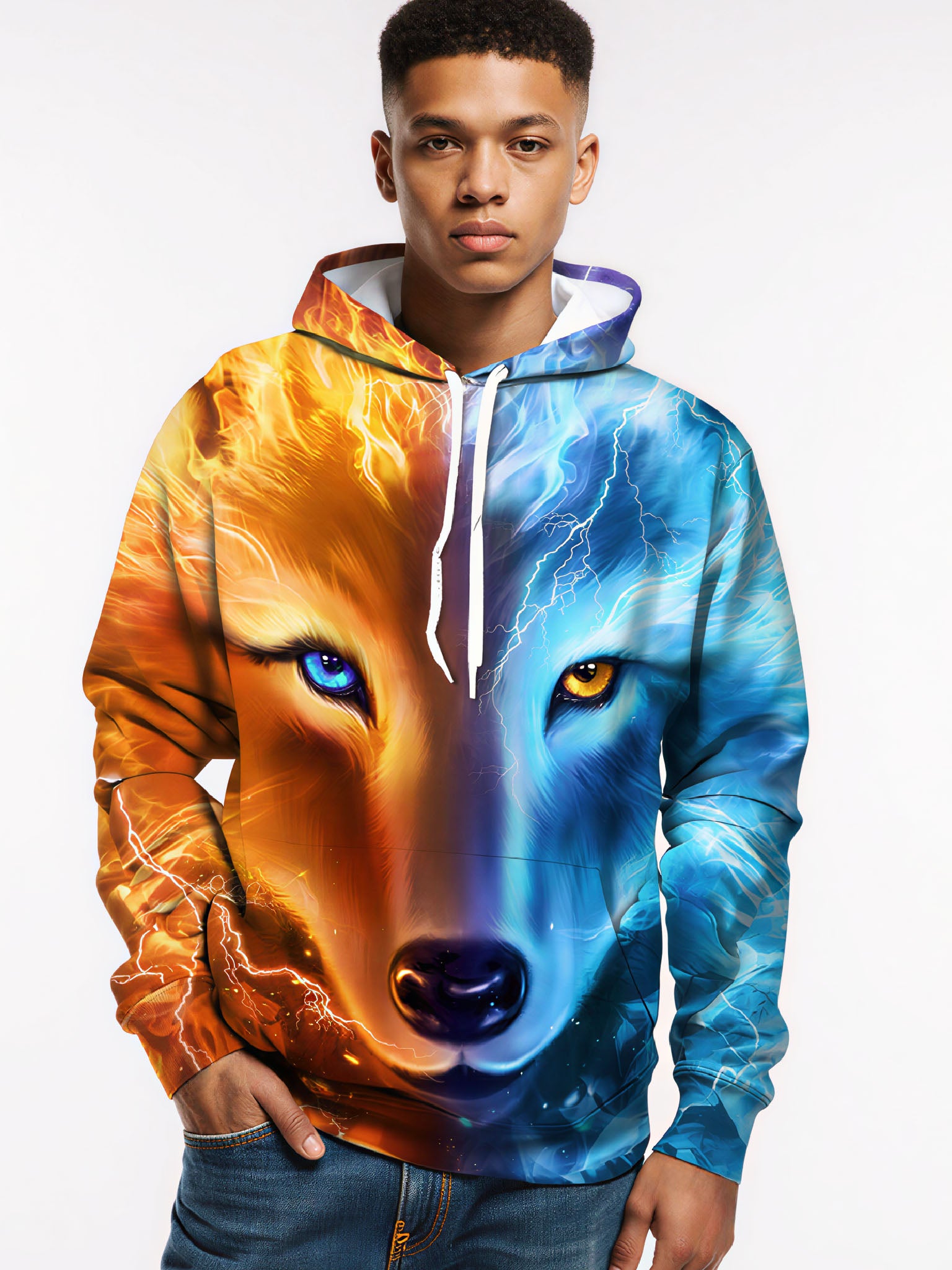 Unisex 3D All Over Print Hoodie Fire Ice Wolf Face Aesthetic Streetwear Soft Comfortable Cotton Blend