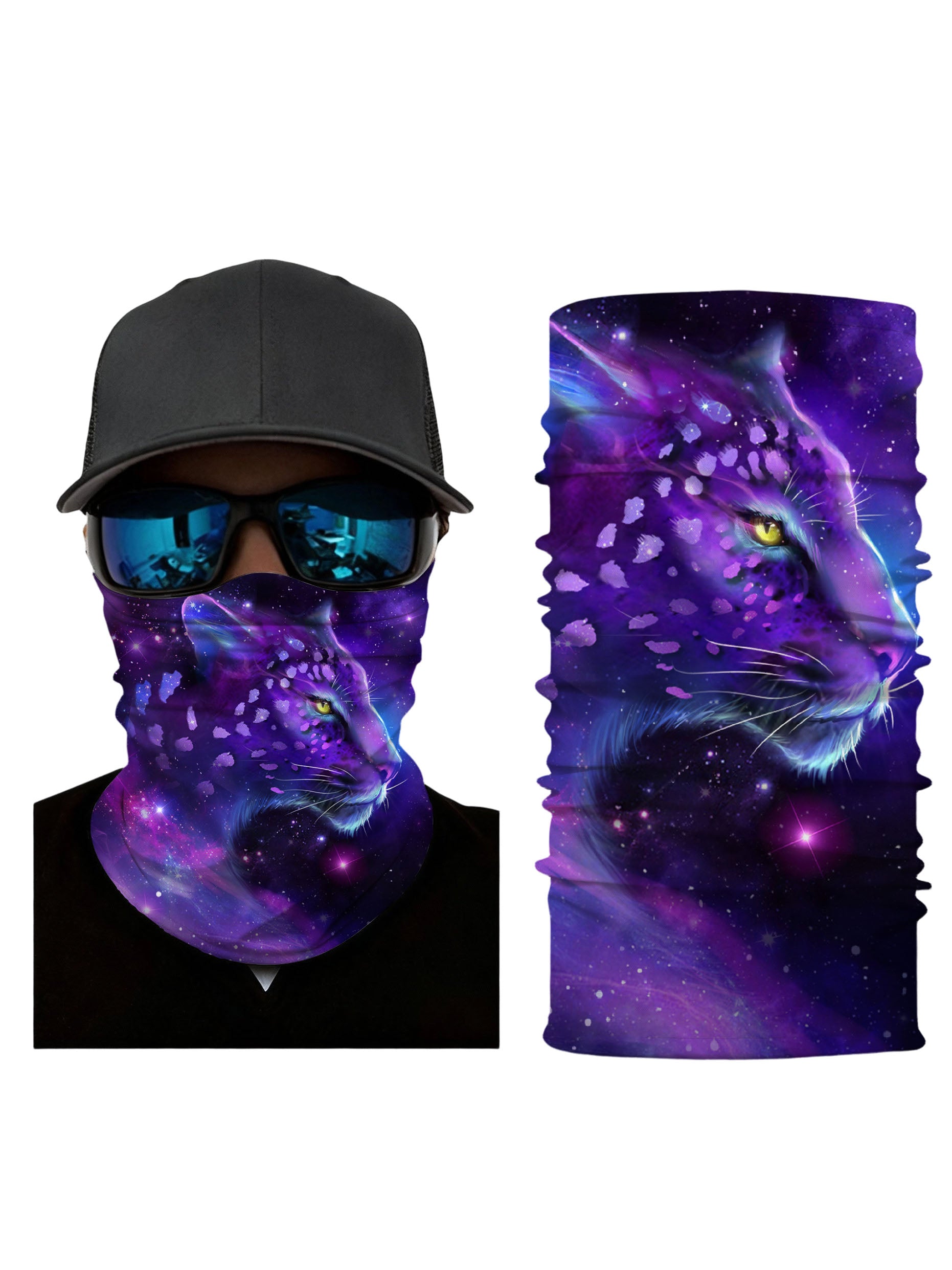 Neck Gaiter with 3D all over print galaxy nebula leopard design, Aesthetic style unisex tube face mask, soft stretchy breathable fabric for outdoor wear