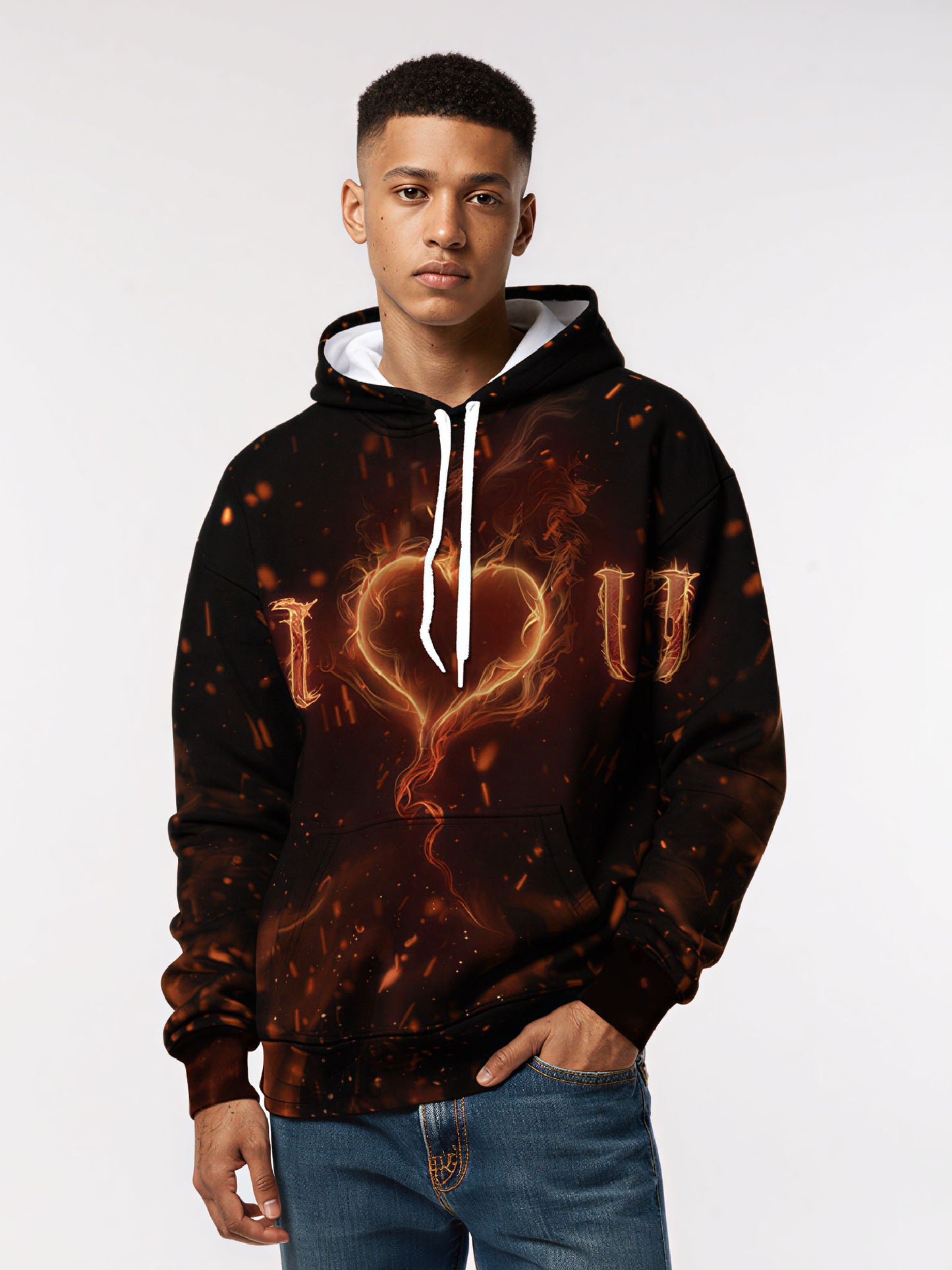 Unisex 3D All Over Print Hoodie Flame Heart I Love You Aesthetic Streetwear Soft Cotton Blend
