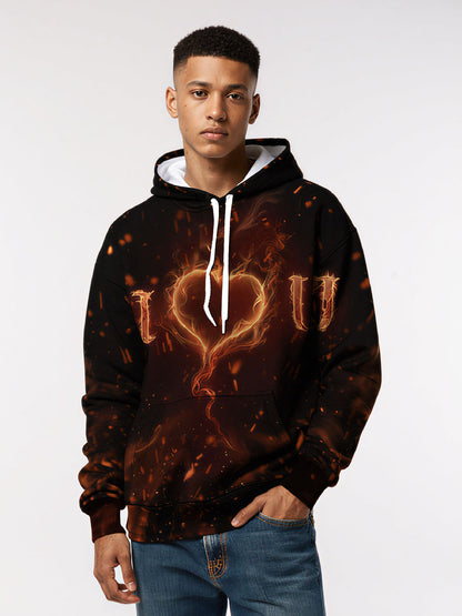 Unisex 3D All Over Print Hoodie Flame Heart I Love You Aesthetic Streetwear Soft Cotton Blend