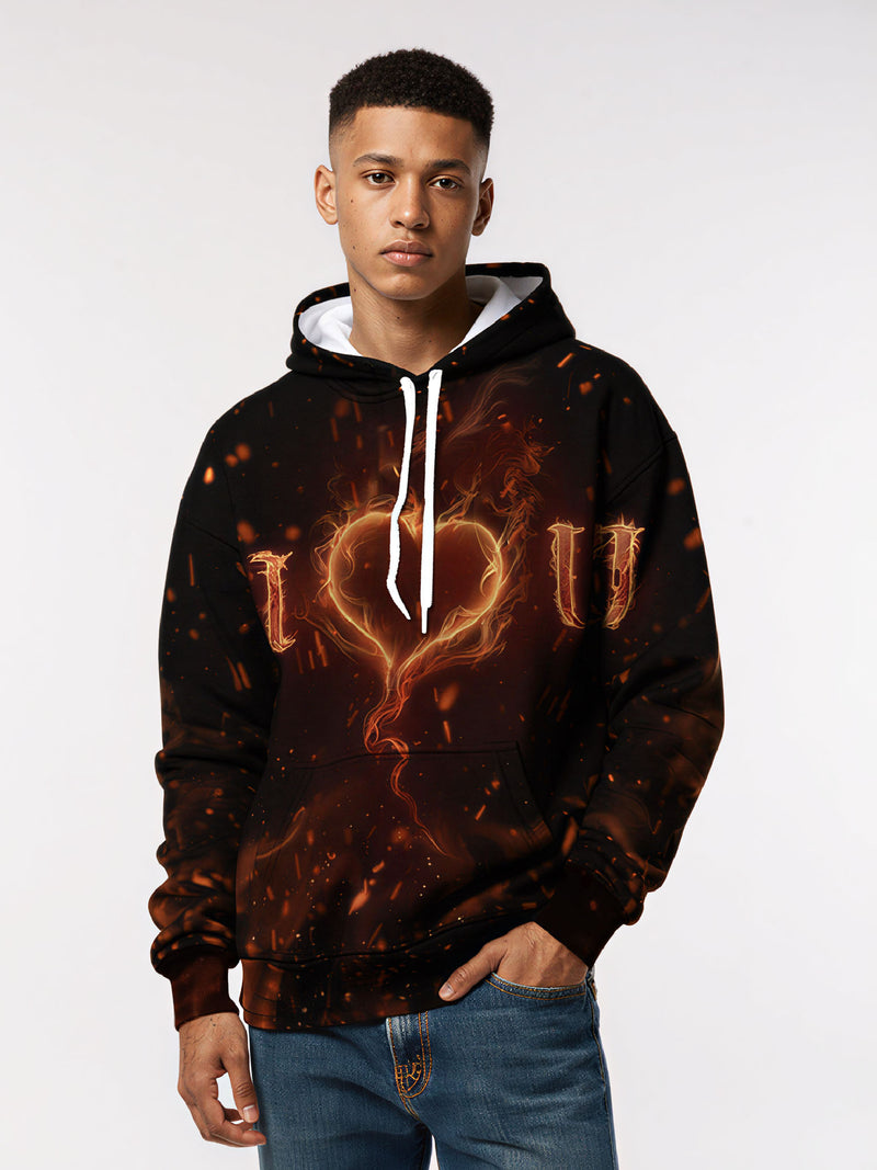 Unisex 3D All Over Print Hoodie Flame Heart I Love You Aesthetic Streetwear Soft Cotton Blend