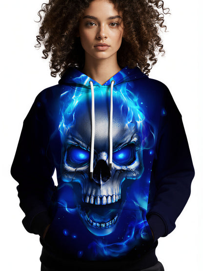 Men Women 3D All Over Print Hoodie Blue Fire Skull Graphic Pullover Sweatshirt