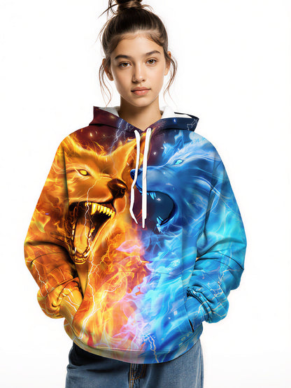 Fire & Ice Dual Wolf 3D Print Hoodie | Lightning Galaxy Graphic Pullover