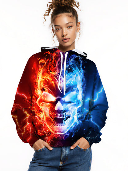 Hoodie 3D All Over Print Fire Ice Skull Streetwear Unisex Cotton Blend Soft Fit