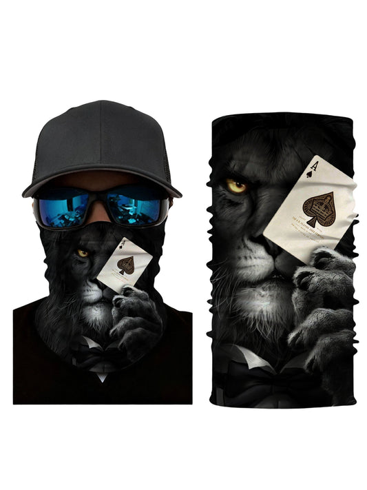 Balaclava with 3D all over print featuring a sleek black lion holding ace of spades card, streetwear aesthetic unisex design, soft stretchy and windproof for urban adventures