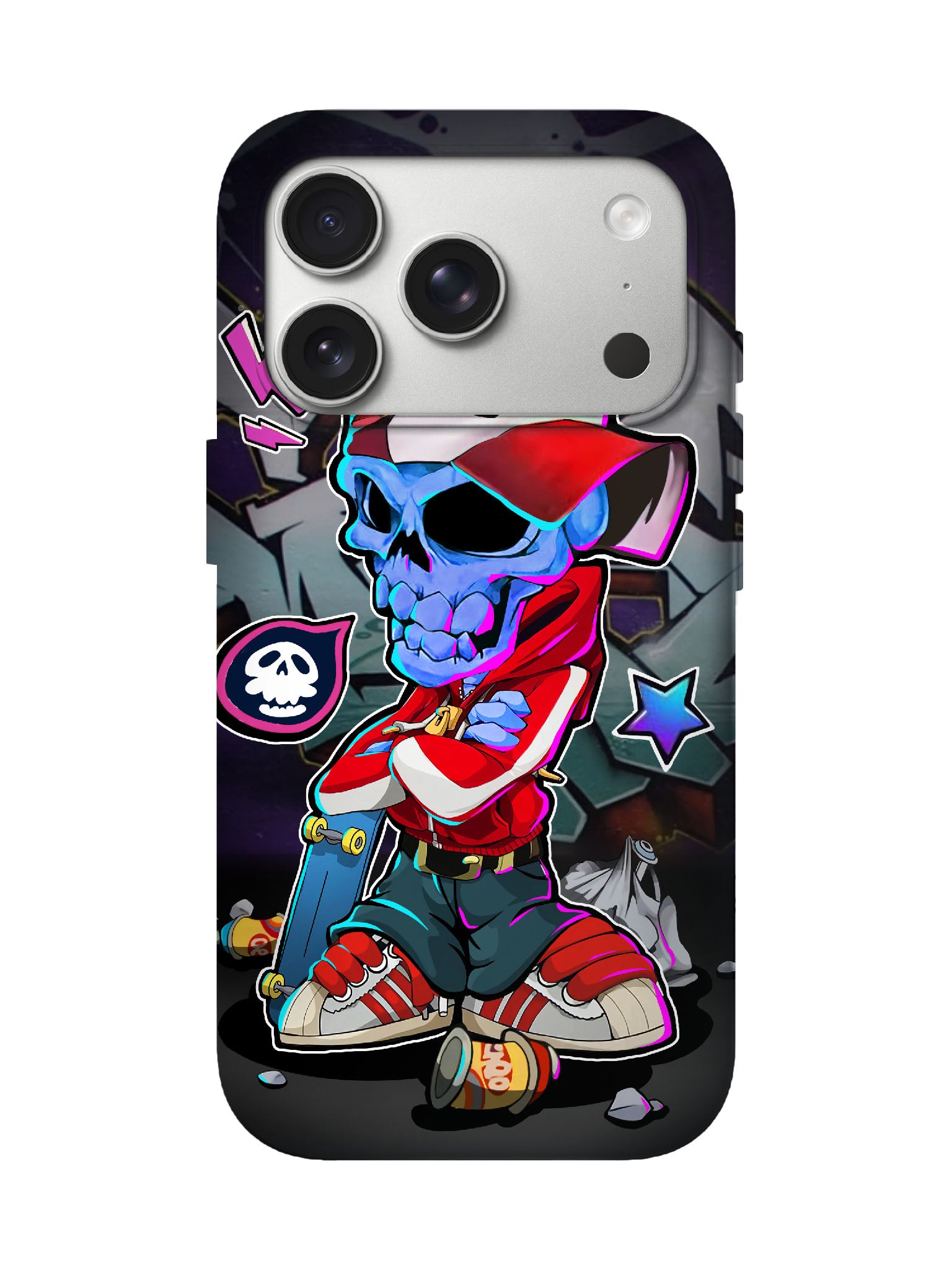 Skull with Cap and Skateboard Edgy Cyberpunk Tough Phone Case