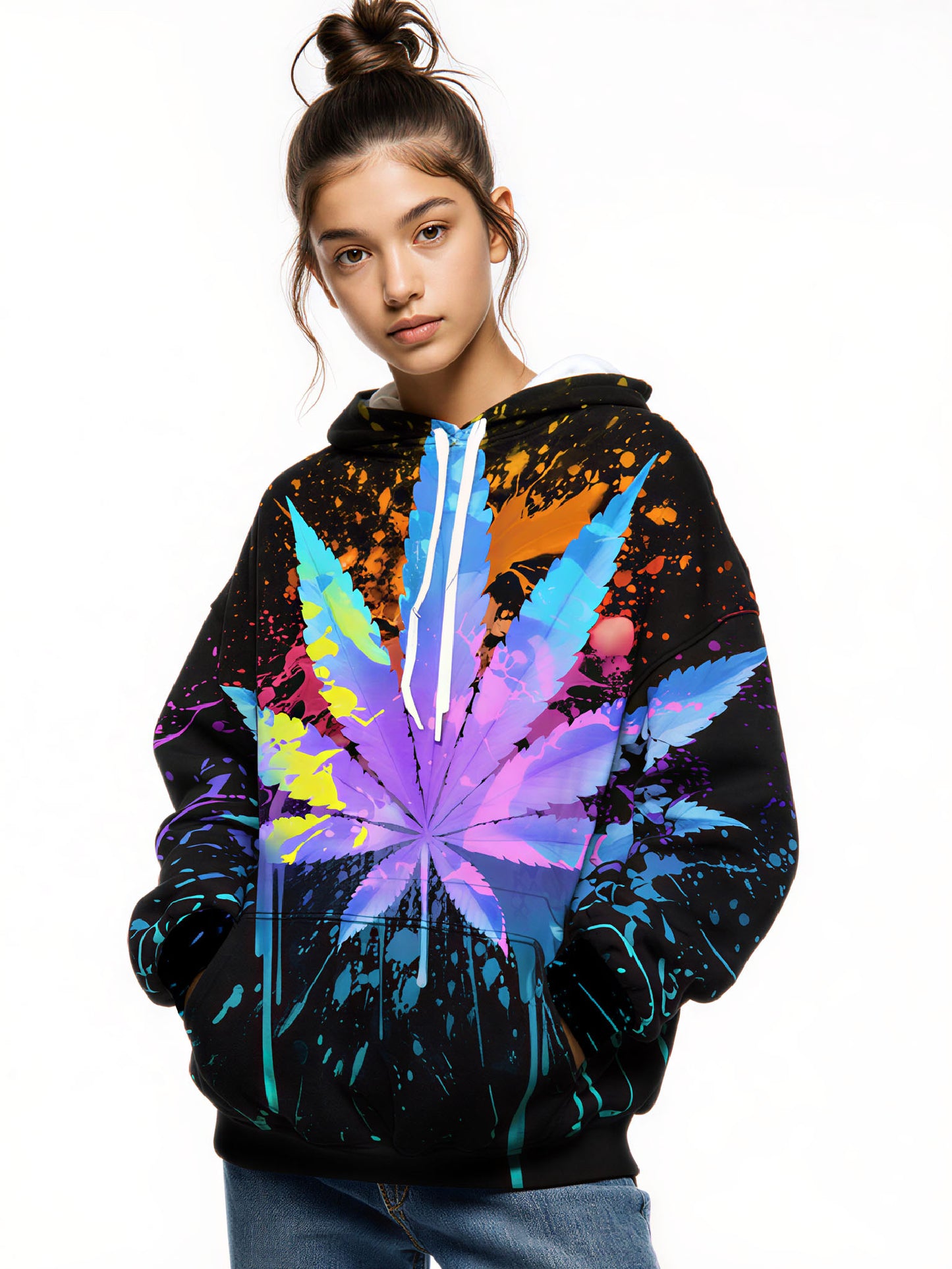 Splatter Paint Gradient Cannabis Leaf 3D Unisex Edgy Streetwear Hoodie