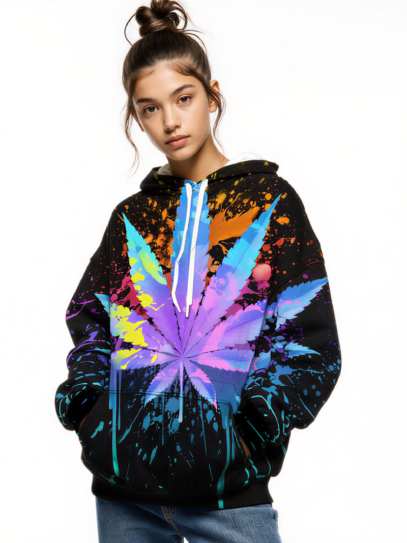 Splatter Paint Gradient Cannabis Leaf 3D Unisex Edgy Streetwear Hoodie