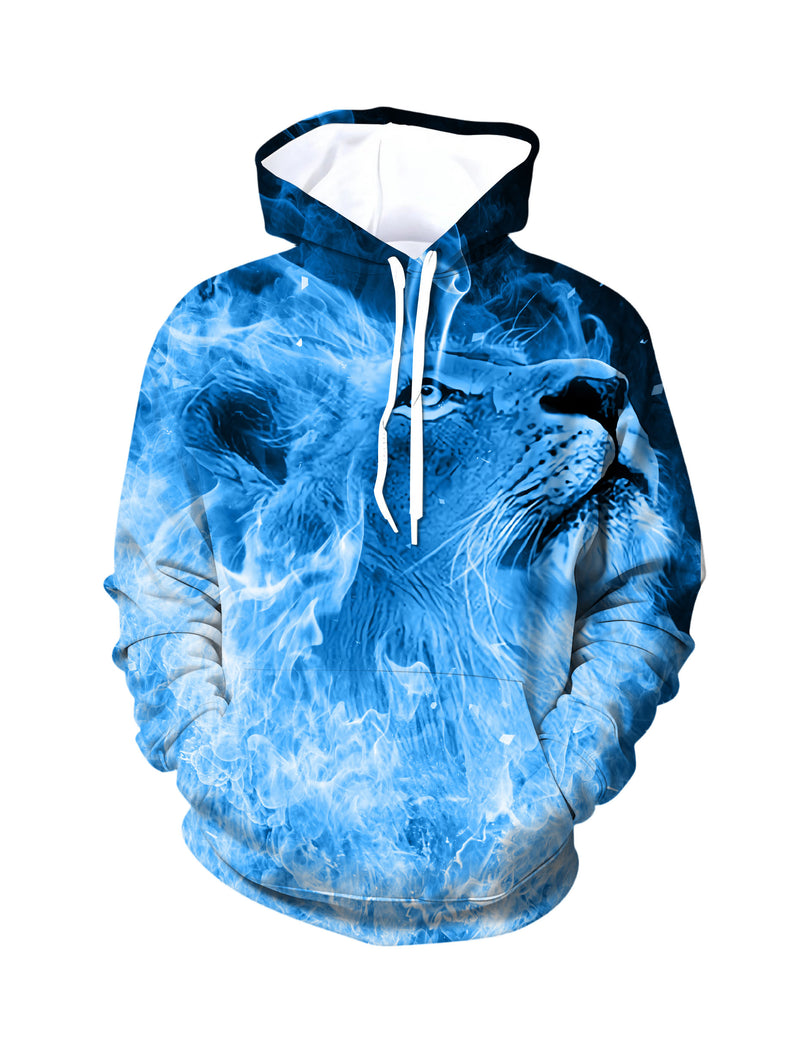 Unisex 3D All Over Print Hoodie Blue Fire Lion Art Streetwear Pullover Soft Comfortable Cotton Blend