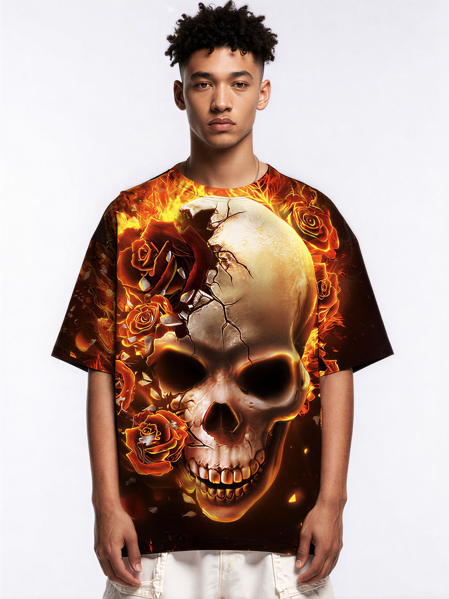 3D All Over Print Skull Rose Fire T-Shirt for Men Women Gothic Streetwear Graphic Pullover