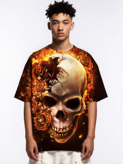 3D All Over Print Skull Rose Fire T-Shirt for Men Women Gothic Streetwear Graphic Pullover