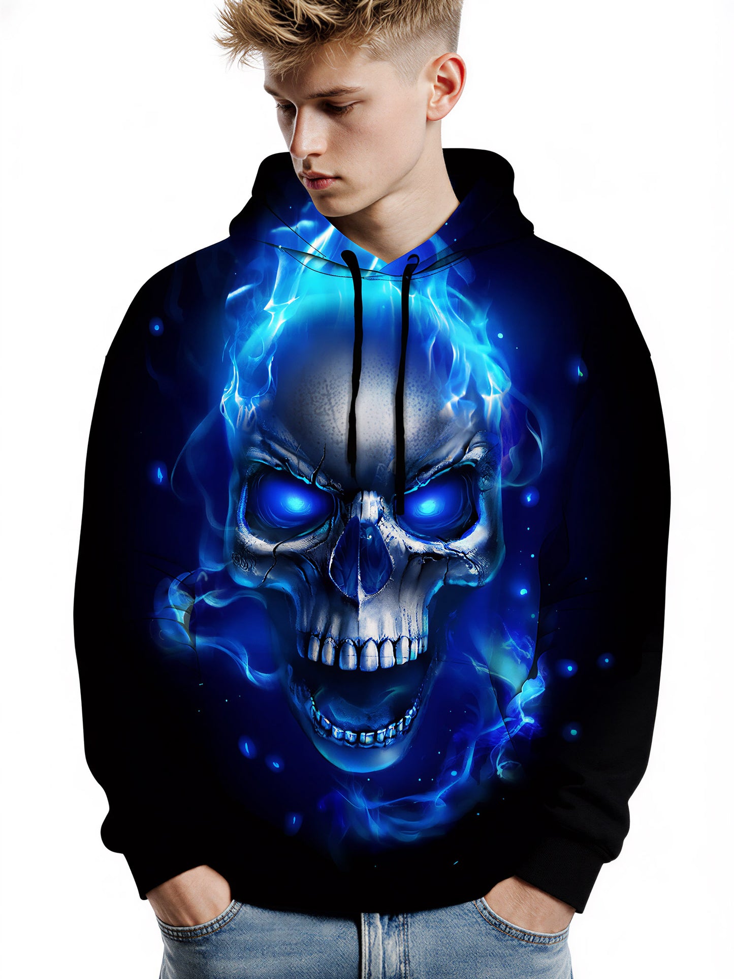 Men Women 3D All Over Print Hoodie Blue Fire Skull Graphic Pullover Sweatshirt