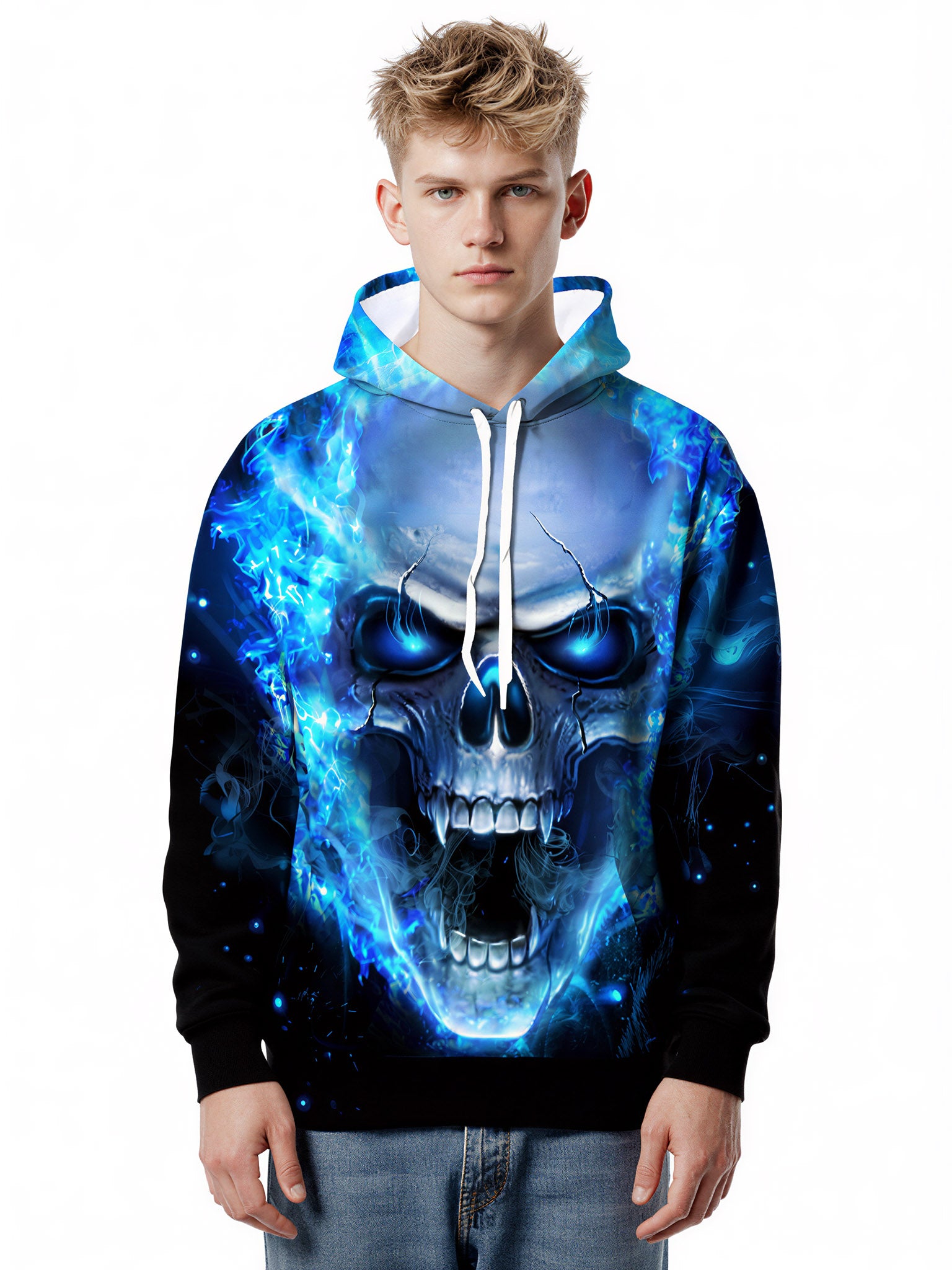 3D All Over Print Blue Fire Skull Hoodie for Men Women Streetwear Graphic Pullover