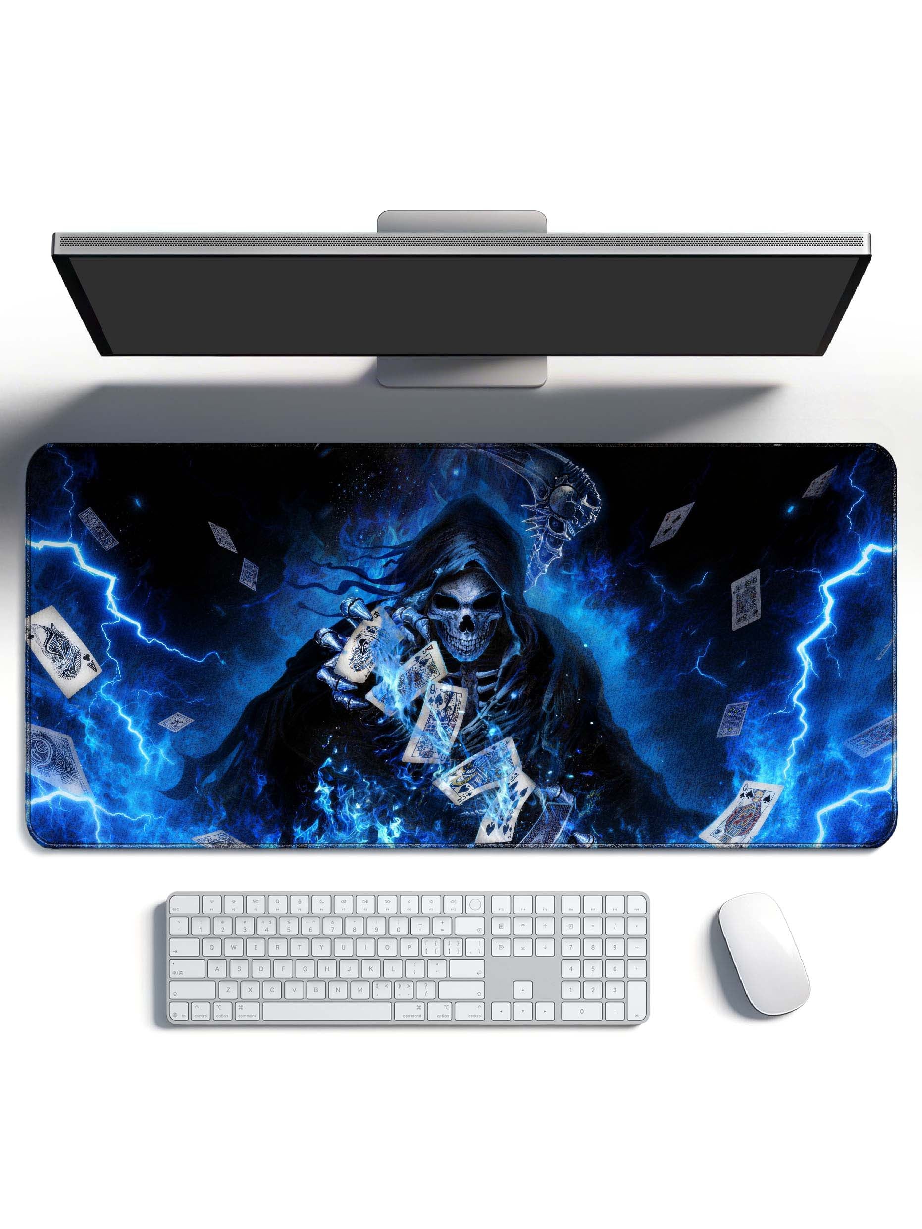 Grim Reaper With Scythe & Flying Cards In Blue Flames Desk Mat