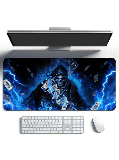 Grim Reaper With Scythe & Flying Cards In Blue Flames Desk Mat