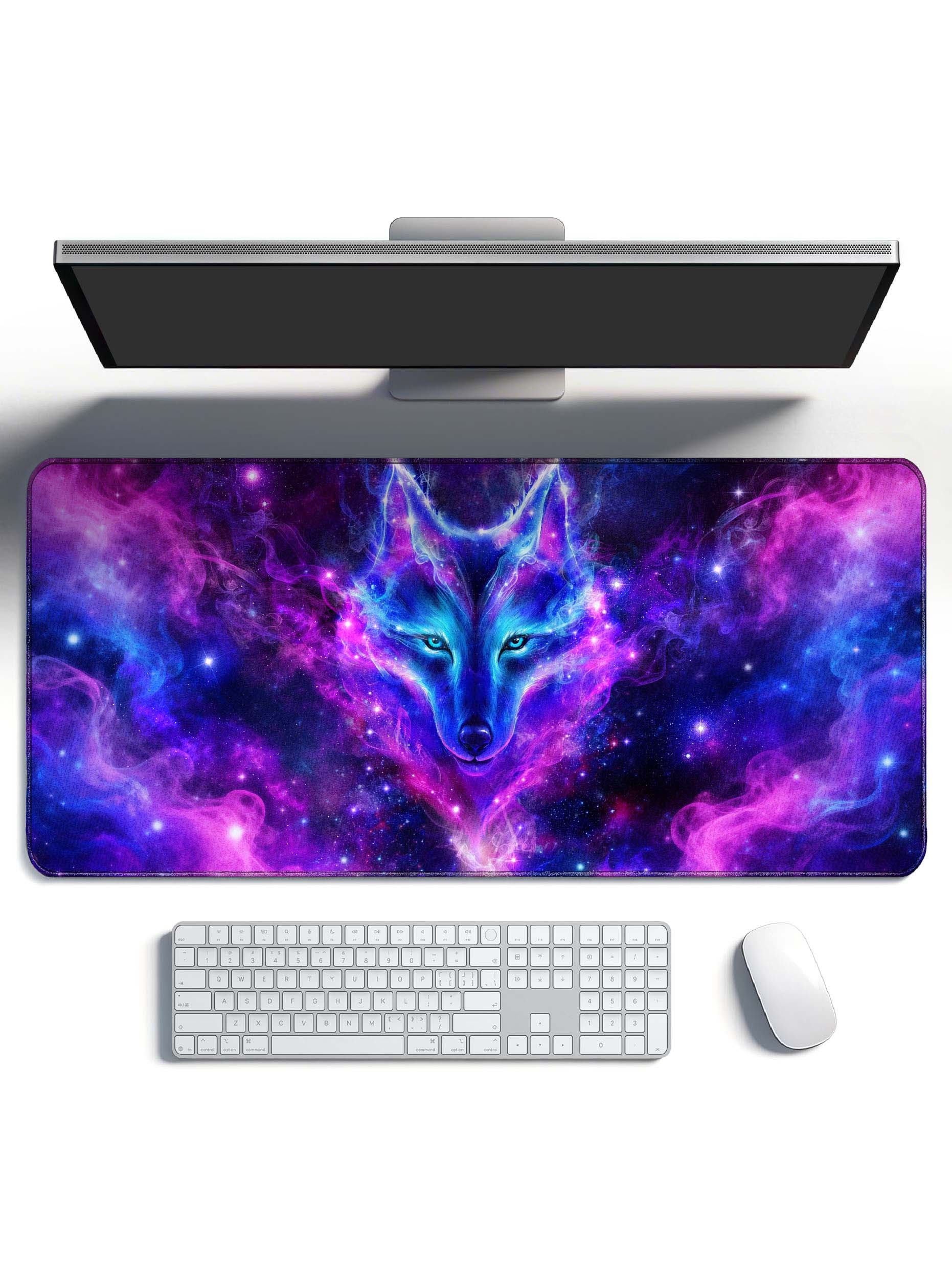 Front Facing Cosmic Wolf With Swirling Purple-Blue Nebula Desk Mat